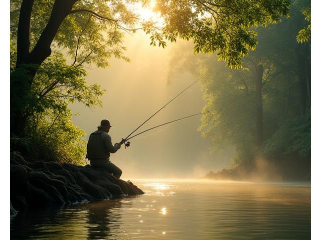 Kite fishing rig above a misty rainforest river with angler on the bank.
