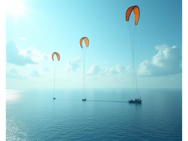 Multi-kite system deployed over the ocean with several lines fishing simultaneously.