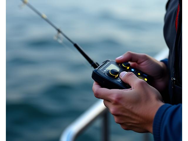 Angler operating a remote control device to trigger a bait release mechanism.