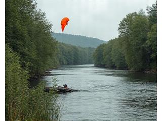 Kite fishing over a wide, fast-flowing river from a riverbank.