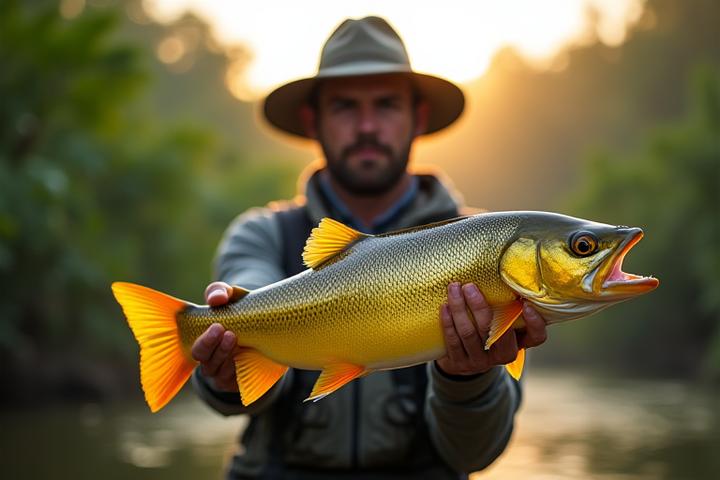 Professional angler holding a large, exotic fish caught via kite fishing.