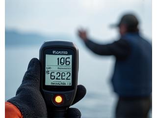Anemometer measuring wind speed on an open boat, with an angler observing weather patterns.