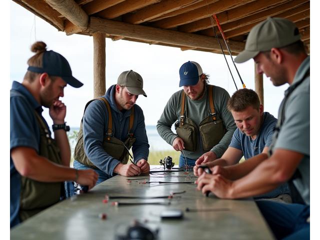 Small group of anglers attending a kite fishing workshop, learning setup.