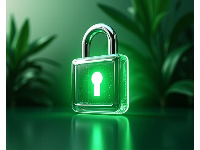 A digital lock icon signifying data protection and security with a background featuring a subtle jungle leaf pattern.