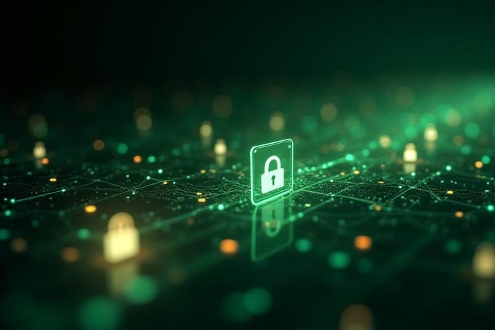 Abstract depiction of encrypted data flowing securely, represented by interconnected glowing lines and padlock icons.