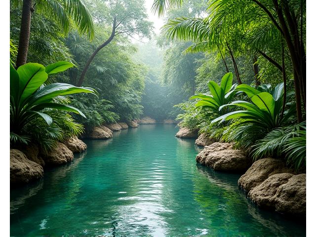 Indoor fishing pool specially designed to mimic a shallow, clear rainforest river with aquatic plants and obstacles