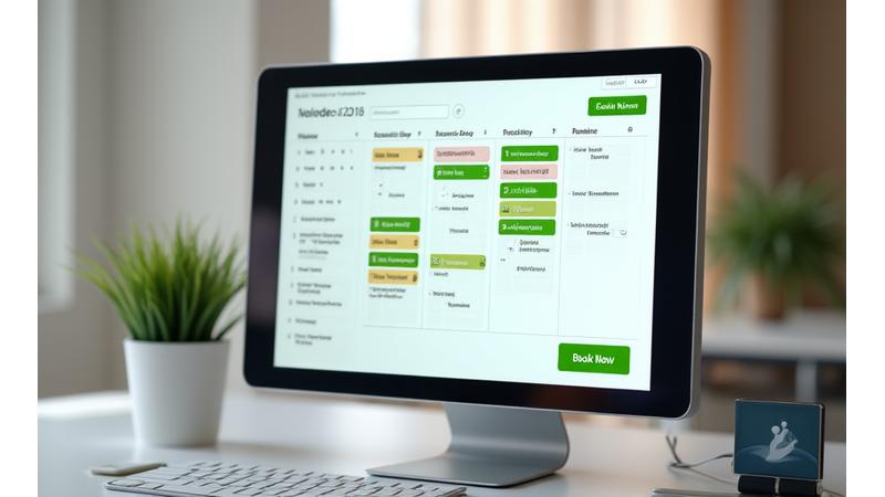Digital calendar interface displaying available workshop dates highlighted in green and orange for different types of sessions, with a 'Book Now' button