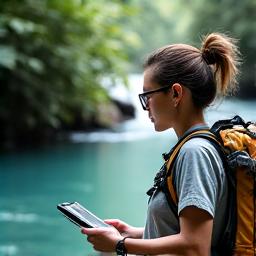 Portrait of Dr. Elara Vance, conservation specialist, reviewing scientific data next to a clear jungle river