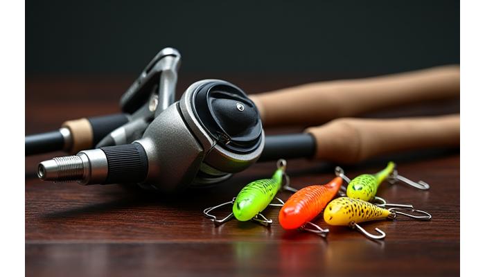 High-quality bespoke fishing rod and reel resting on a table alongside a selection of eco-friendly rainforest lures