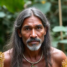 Portrait of Jorge Silva, a guest expert, with traditional woven fishing gear in a vibrant rainforest setting