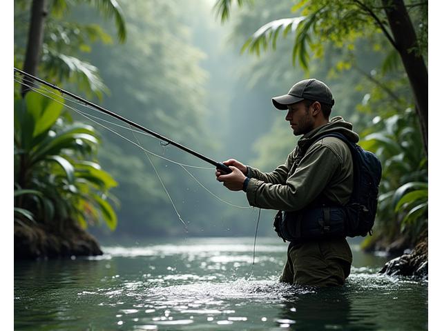 Angler demonstrating a specialized casting technique with a fishing rod in a simulated rainforest environment