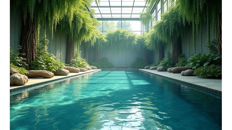 Spacious indoor casting pool with simulated currents, submerged logs, and overhanging synthetic foliage mimicking a rainforest river