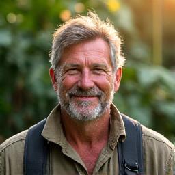 Portrait of David Thorne, lead instructor, in expedition gear with a lush jungle background