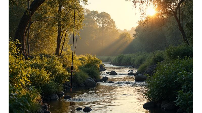 Outdoor landscaped area with dense planting, a meandering stream, and strategically placed obstacles for advanced casting practice