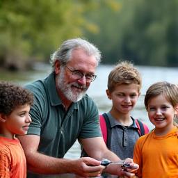 Portrait of David Wilson, a youth fishing program coordinator, with a group of smiling children by a river.