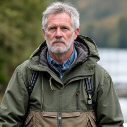 Portrait of John Smith, a professional fishing guide, smiling with a fishing rod.