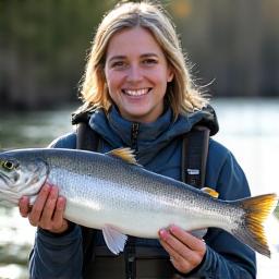 Portrait of Sarah Jones, a competition angler, holding a large, healthy fish.