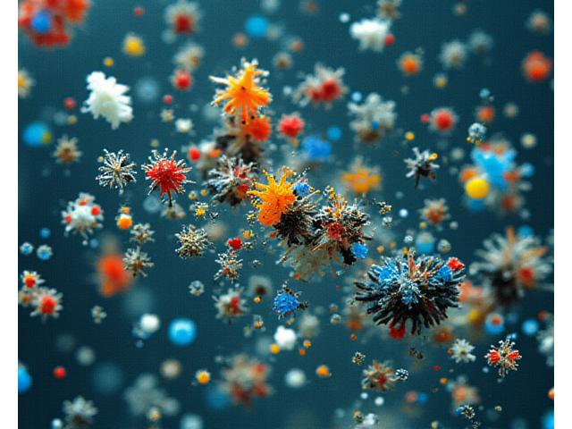 Microscopic image showing colorful plastic microfibers and lure fragments in a sample of ocean water.