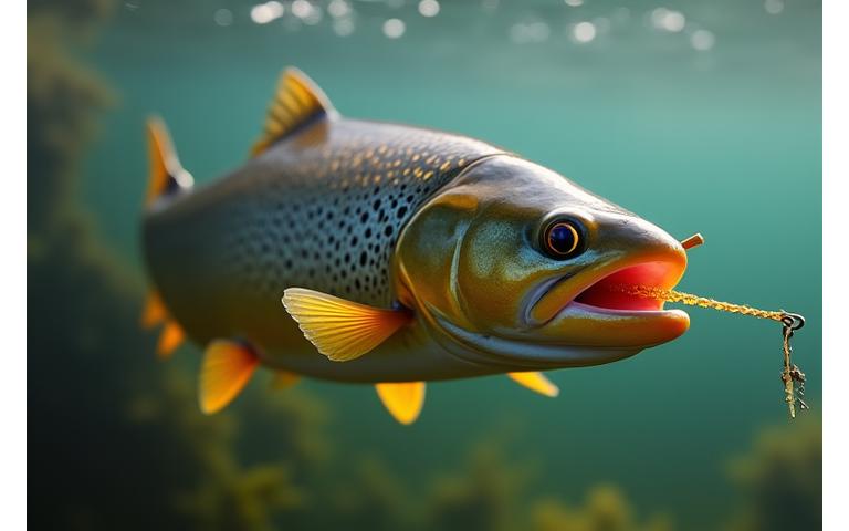 Vibrant, eco-friendly fishing lure underwater, attracting a large trout in clear freshwater
