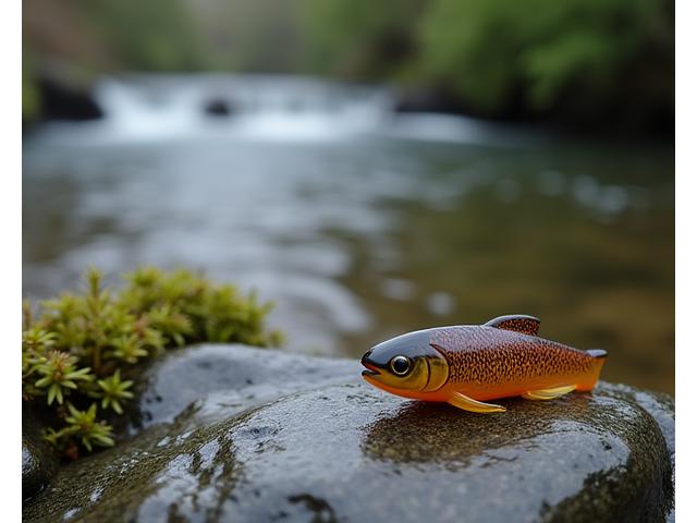 Realistic image of a biodegradable lure designed for trout, lying next to a clear freshwater stream.