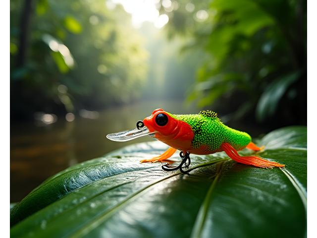 Exotic, brightly colored biodegradable lure for peacock bass, set against a jungle river backdrop.