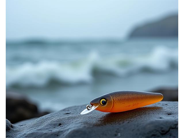 Robust biodegradable lure designed for sea bass, with ocean waves in the blurred background.