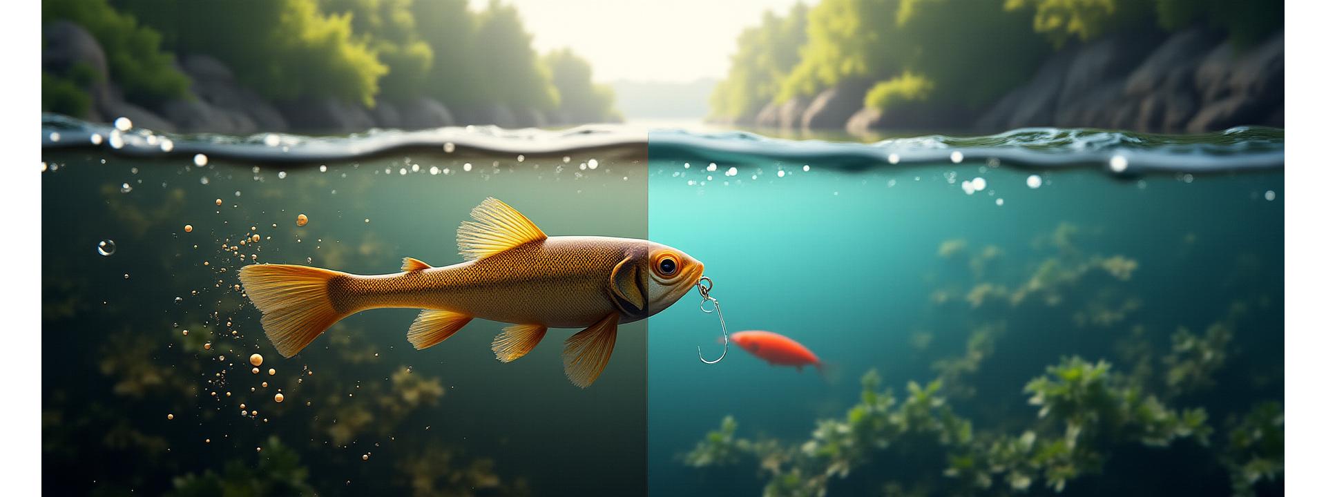 Clean river with fish swimming, contrasted with a decaying plastic lure on the left, and a lush, healthy riverbed with a dissolving lure on the right, symbolizing marine health.
