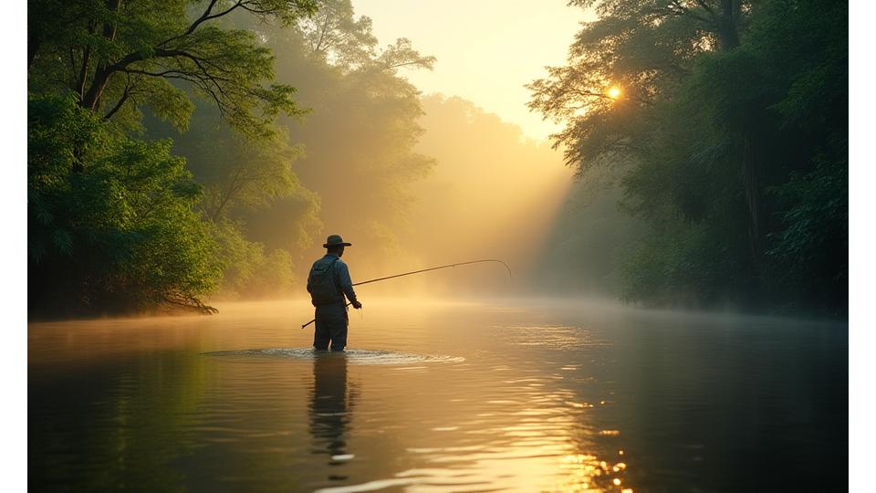 Angler casting a line into a pristine rainforest river at dawn, surrounded by lush vegetation.