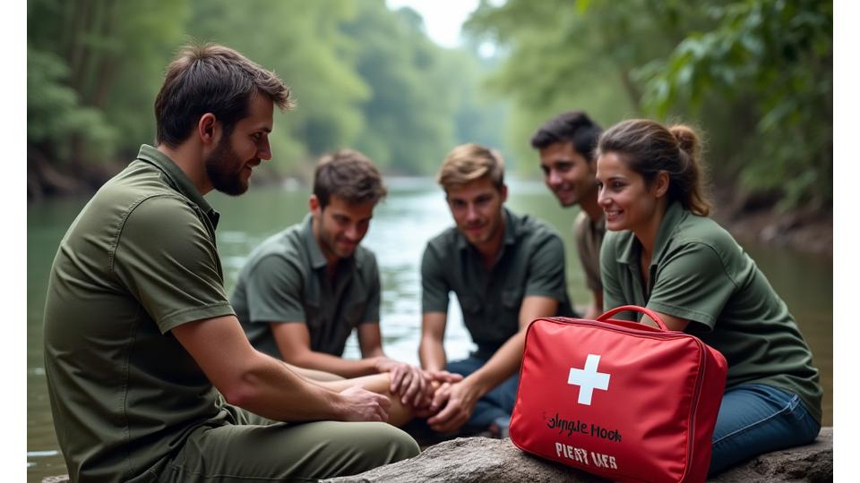 Expedition leader demonstrating first aid techniques with group in background by a river.