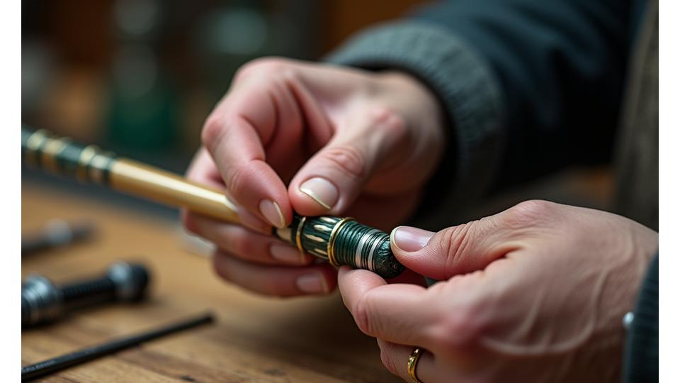 Close-up of a handcrafted fishing rod being inspected by a craftsman, emphasizing precision.